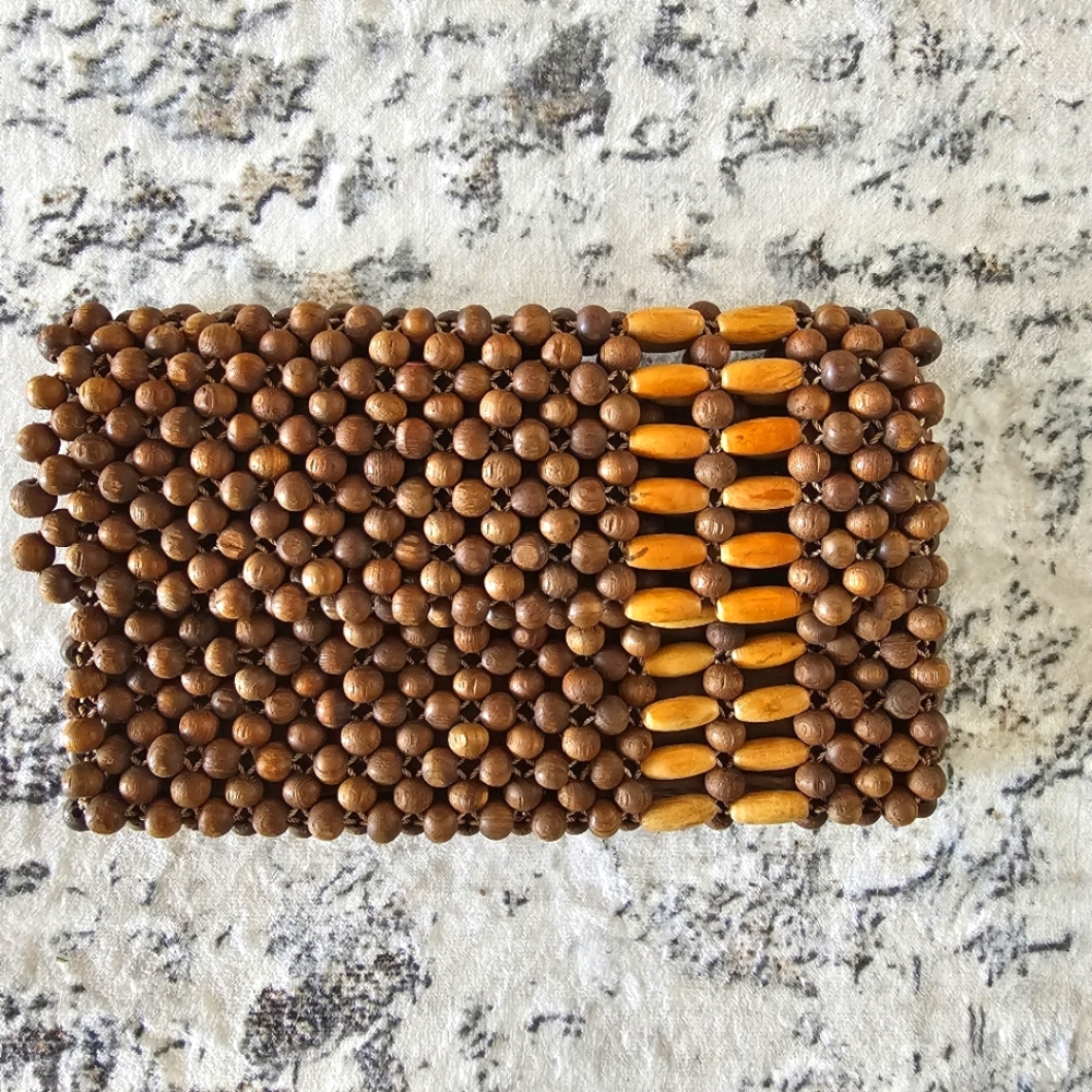 Handmade Korean Wood Beaded Boho Clutch Nature Neutral Earthy Hippie Crunchy